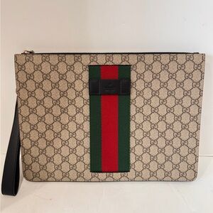 Gucci GG Logo PVC Supreme Canvas Web Tricolor Stitched Clutch + Wrist Strap NEW